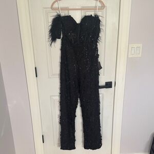 Lulu's Elegant Black Feather Jumpsuit
